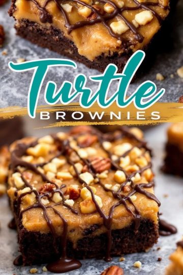 Turtle brownies collage image. The top shows a detailed shot of a caramel and chocolate drizzle-topped brownie, and the bottom features a close-up of a similar brownie styled with chopped nuts. Text reads “Turtle Brownies.”