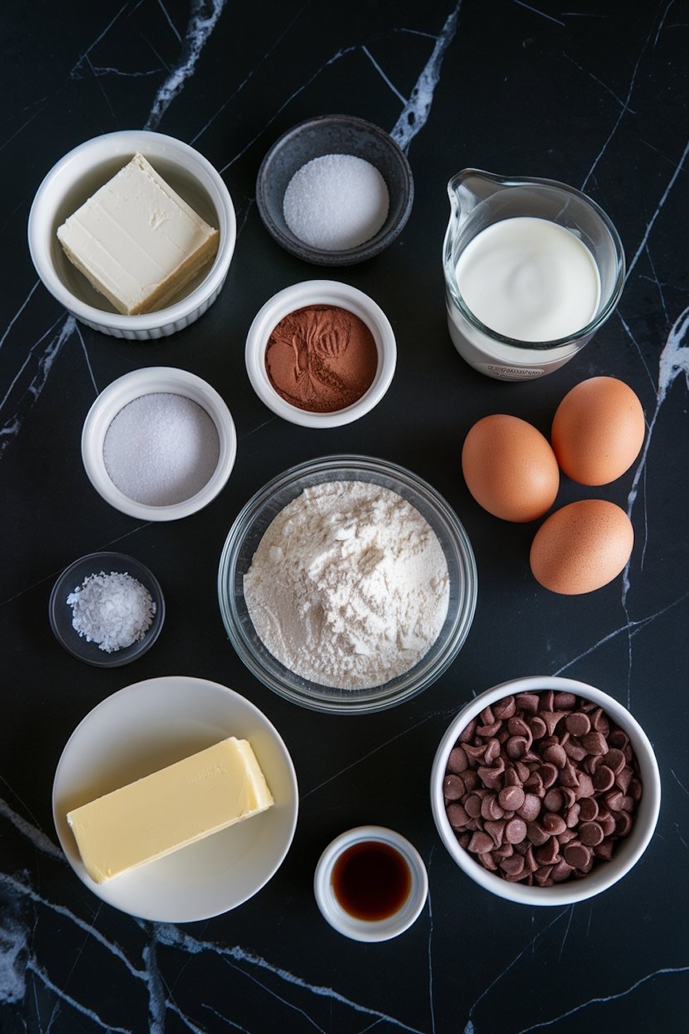 Overhead view of ingredients for baking chocolate cheesecake brownie bars, displayed on a black marble surface. Includes butter, cream cheese, sugar, flour, cocoa powder, salt, vanilla extract, chocolate chips, eggs, and milk in bowls and containers.