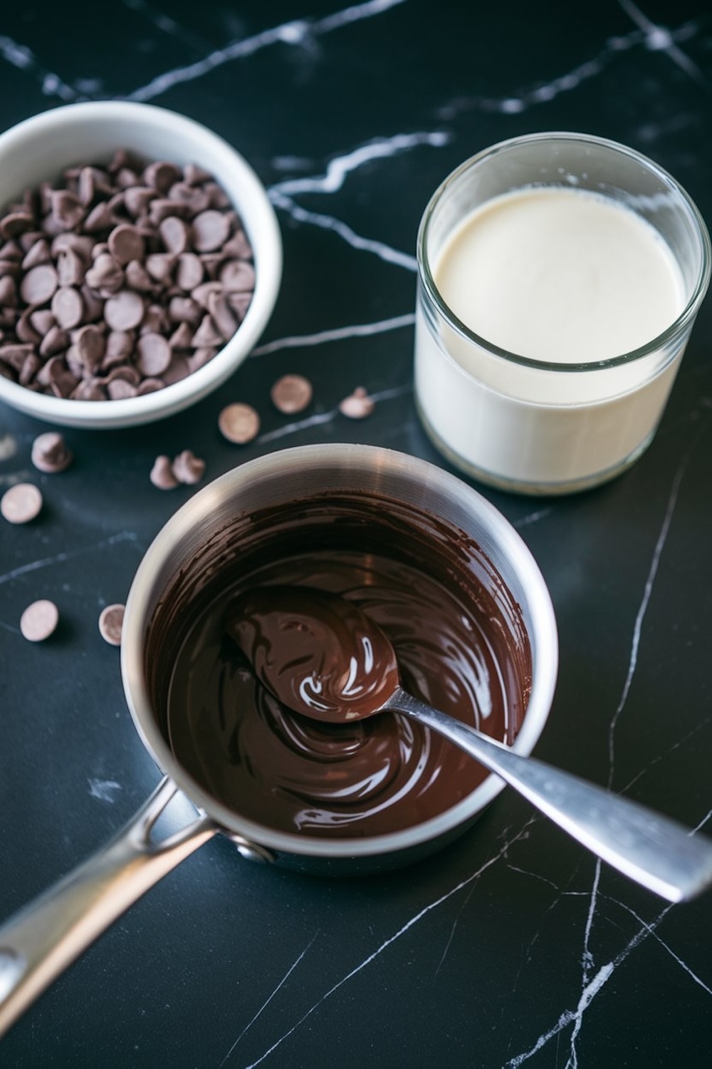 A saucepan of melted chocolate with a spoon, alongside a bowl of chocolate chips and a glass of cream, all set on a black marble countertop.