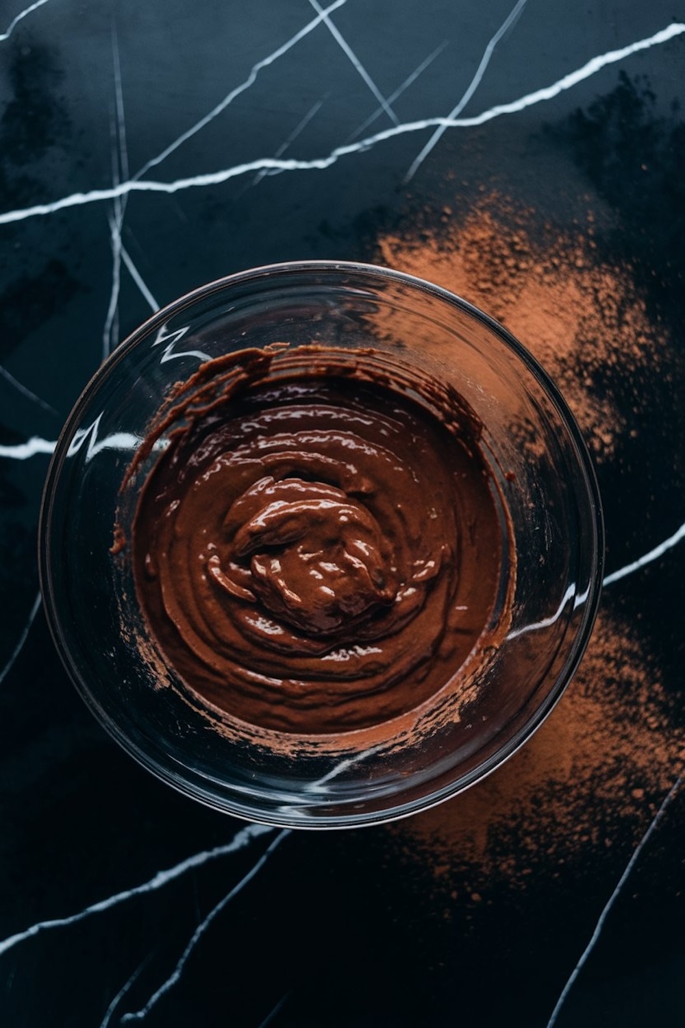 A glass bowl with rich chocolate batter, placed on a dark marble countertop, with cocoa powder dusted around the surface.