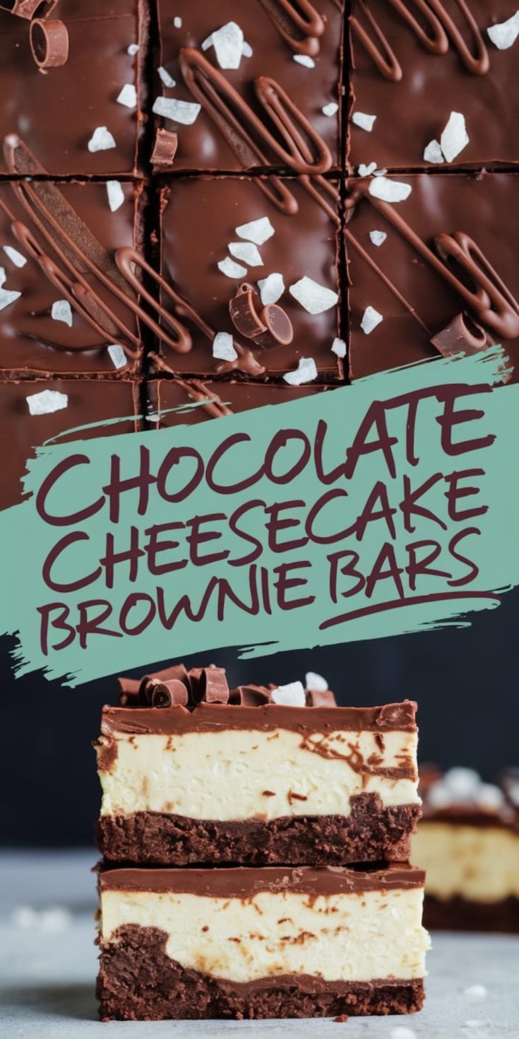 Sliced chocolate cheesecake brownie bars featuring layers of chocolate brownie, creamy cheesecake, and glossy chocolate ganache. Topped with sea salt flakes and chocolate swirls, styled with a text overlay reading “Chocolate Cheesecake Brownie Bars.”