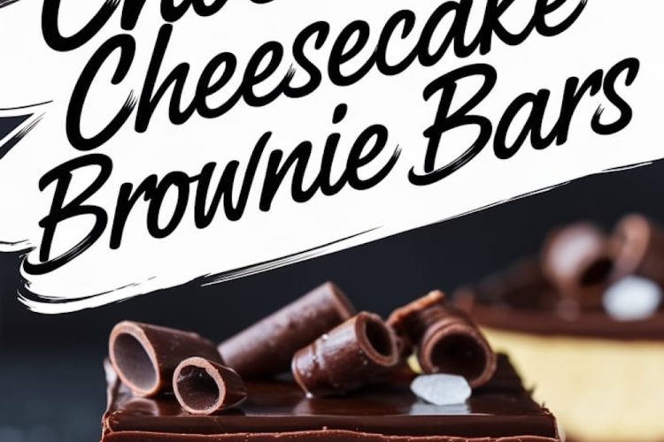 Close-up of a chocolate cheesecake brownie bar on a dark surface, highlighting the layered structure with chocolate curls and sea salt garnishing the glossy ganache topping.
