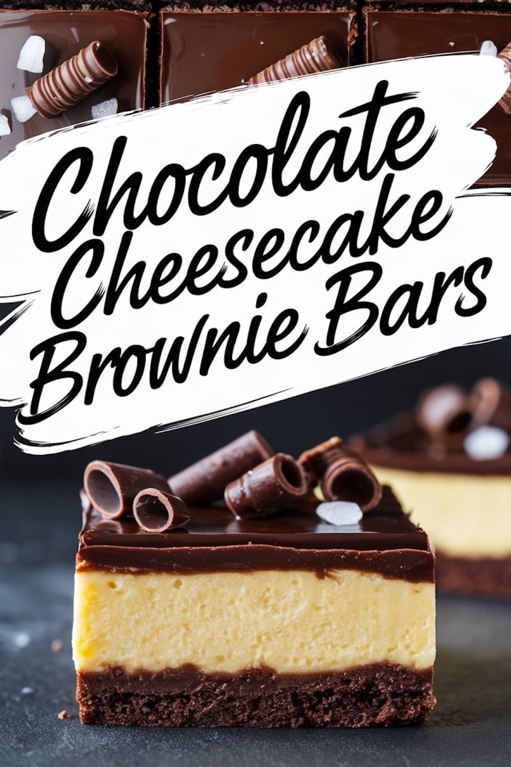 Close-up of a chocolate cheesecake brownie bar on a dark surface, highlighting the layered structure with chocolate curls and sea salt garnishing the glossy ganache topping.