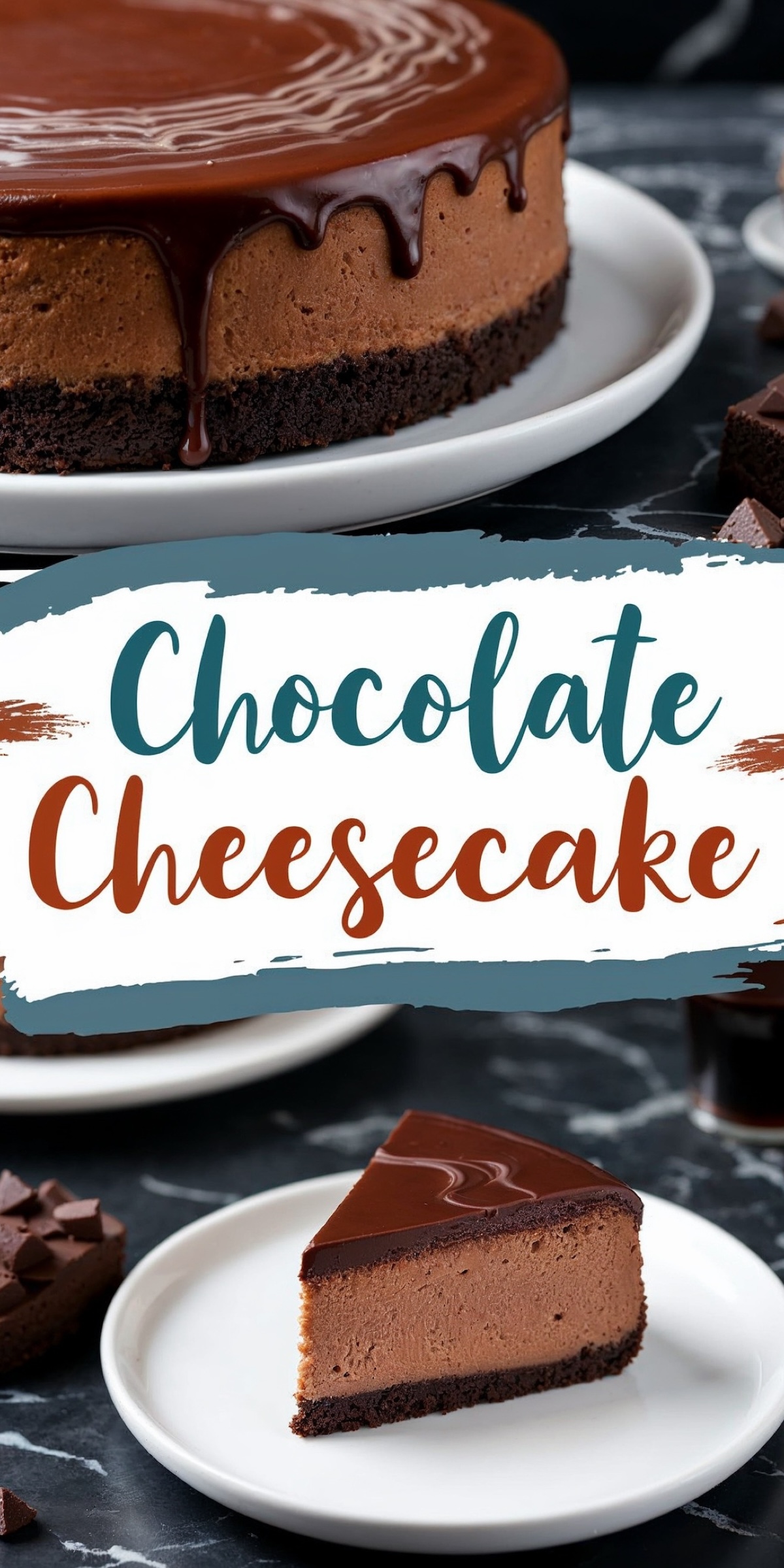 Collage of a chocolate cheesecake. The top shows the full cheesecake with a rich ganache drizzle, and the bottom displays a slice with text overlay reading “Chocolate Cheesecake.”