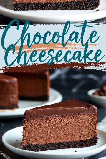 Collage showing a slice of chocolate cheesecake from different angles. The slice showcases layers of creamy chocolate filling and a crumbly cookie base. The text reads “Chocolate Cheesecake.”