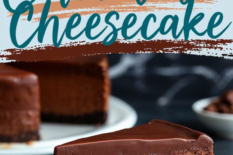 Collage showing a slice of chocolate cheesecake from different angles. The slice showcases layers of creamy chocolate filling and a crumbly cookie base. The text reads “Chocolate Cheesecake.”