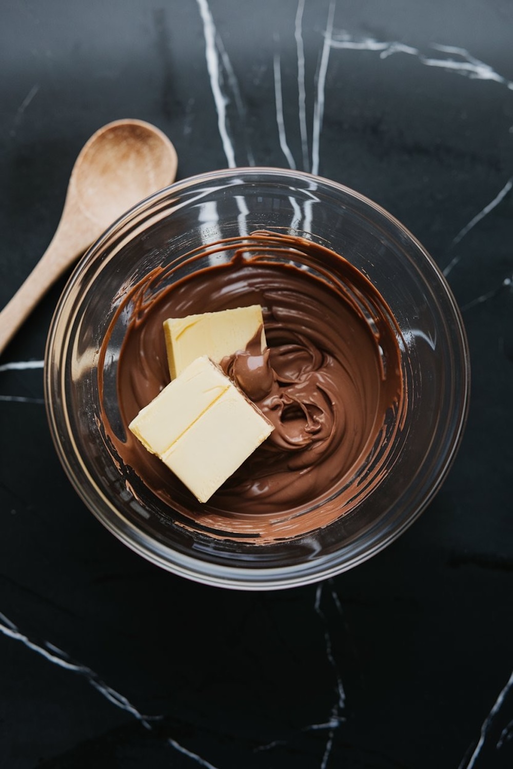 A glass bowl containing melted chocolate and butter, partially mixed together, placed on a dark marble countertop with a wooden spoon beside it.
