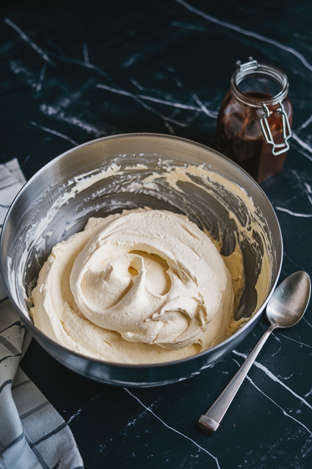 A metal mixing bowl filled with fluffy whipped cheesecake batter, placed on a dark marble surface with a glass jar of chocolate sauce and a silver spoon in the background.