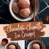 A collage featuring scoops of chocolate chipotle ice cream in a speckled bowl. The ice cream is sprinkled with chipotle powder and served with a cinnamon stick. The text overlay reads “Chocolate-Chipotle Ice Cream.”