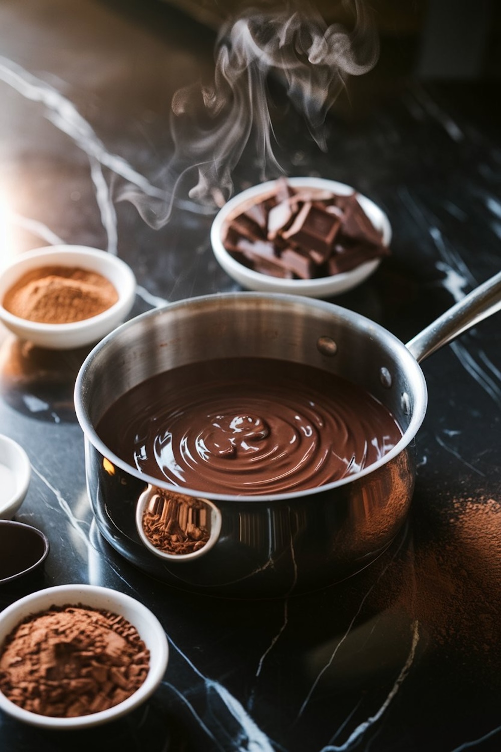 A saucepan filled with smooth, melted chocolate on a black marble countertop. Bowls of cocoa powder and chopped chocolate are placed around the saucepan, with steam rising from the warm mixture.