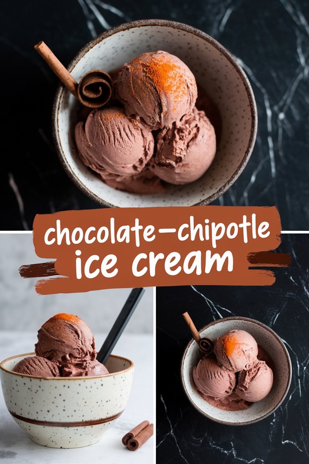A collage of chocolate chipotle ice cream served in a speckled ceramic bowl. The top image shows scoops of ice cream dusted with chipotle powder and garnished with a cinnamon stick. The bottom images highlight additional angles of the ice cream and a wooden spoon.