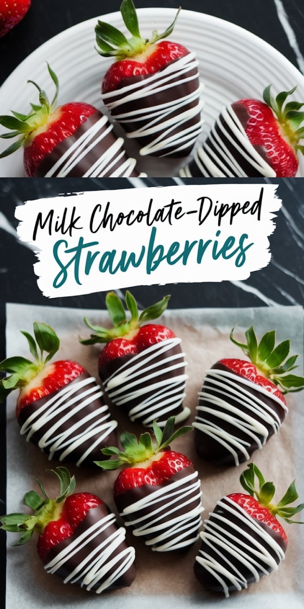 A baking tray filled with neatly arranged chocolate-dipped strawberries. The strawberries are decorated with white chocolate drizzles, and a bowl of melted white chocolate with a spoon is placed beside the tray.