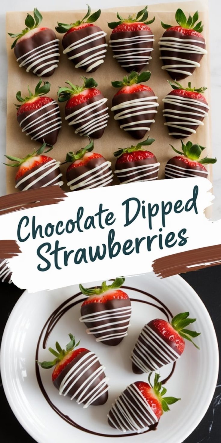 A collage with chocolate-dipped strawberries. The top image shows a batch of strawberries on parchment paper, while the bottom image features a plate of chocolate-dipped strawberries with artistic chocolate swirls. Text overlay reads “Chocolate Dipped Strawberries.”