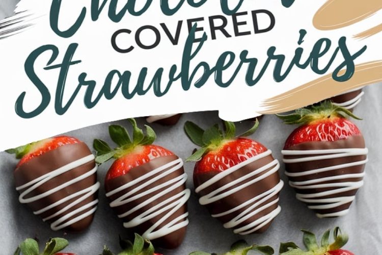 A tray of chocolate-covered strawberries arranged on parchment paper. Each strawberry is dipped in dark chocolate and drizzled with white chocolate. Text overlay reads “Chocolate Covered Strawberries.”