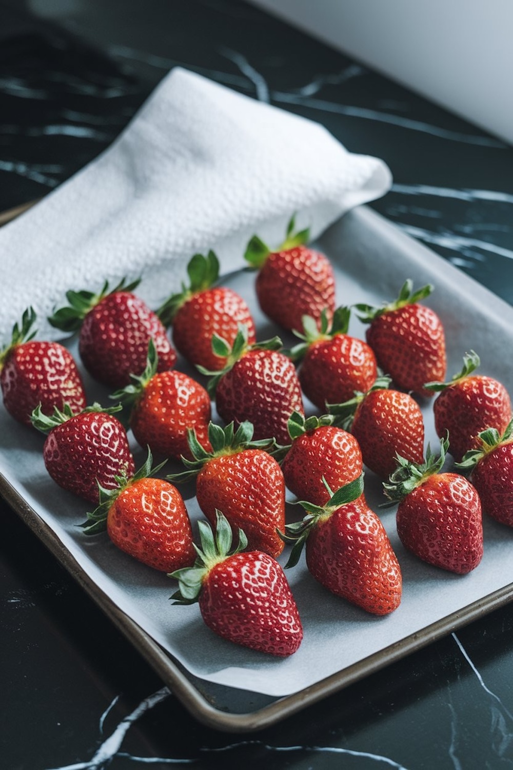 A tray of fresh strawberries placed on parchment paper, ready for dipping. The vibrant red strawberries are arranged in neat rows on a black marble surface.
