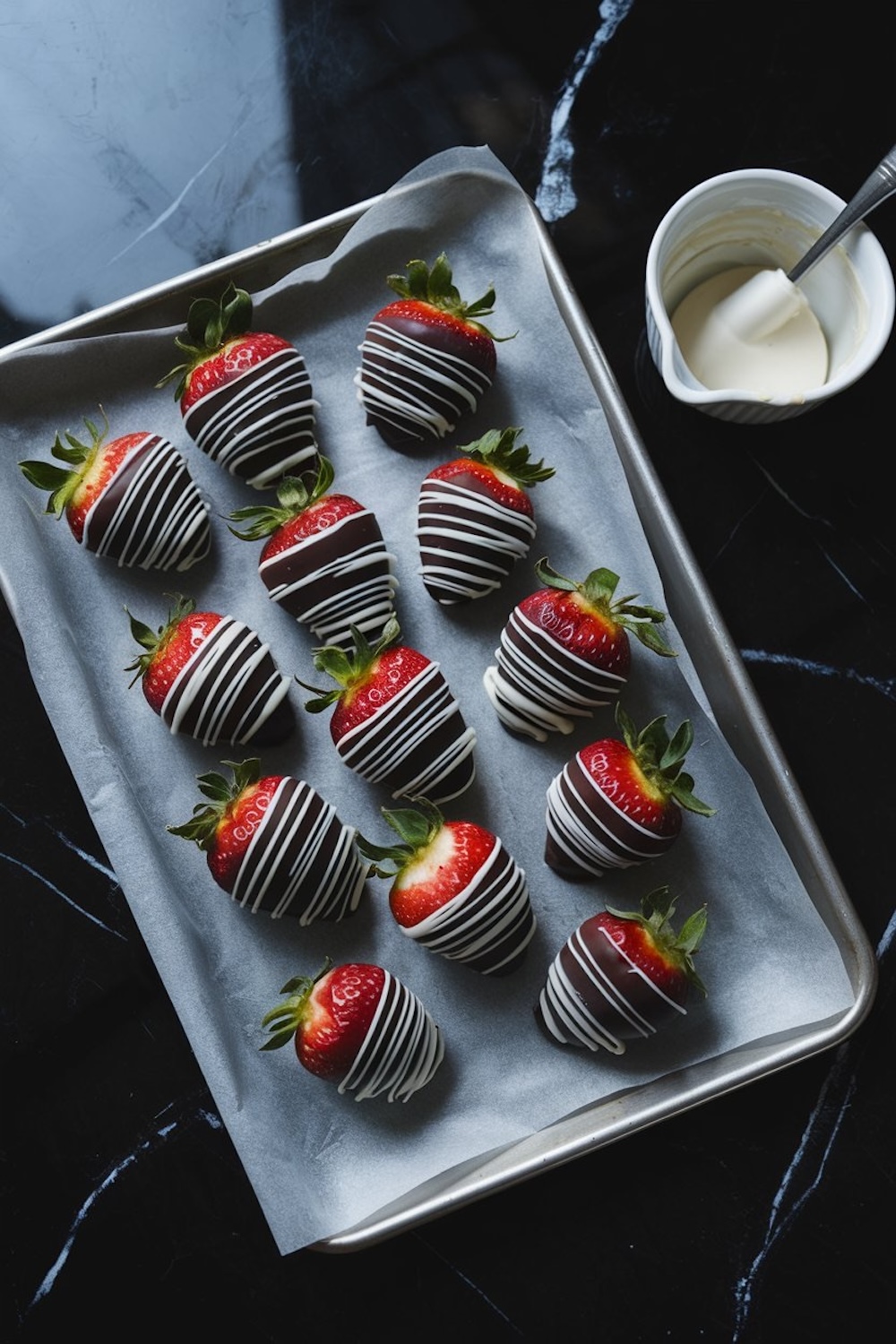 A baking tray filled with neatly arranged chocolate-dipped strawberries. The strawberries are decorated with white chocolate drizzles, and a bowl of melted white chocolate with a spoon is placed beside the tray.