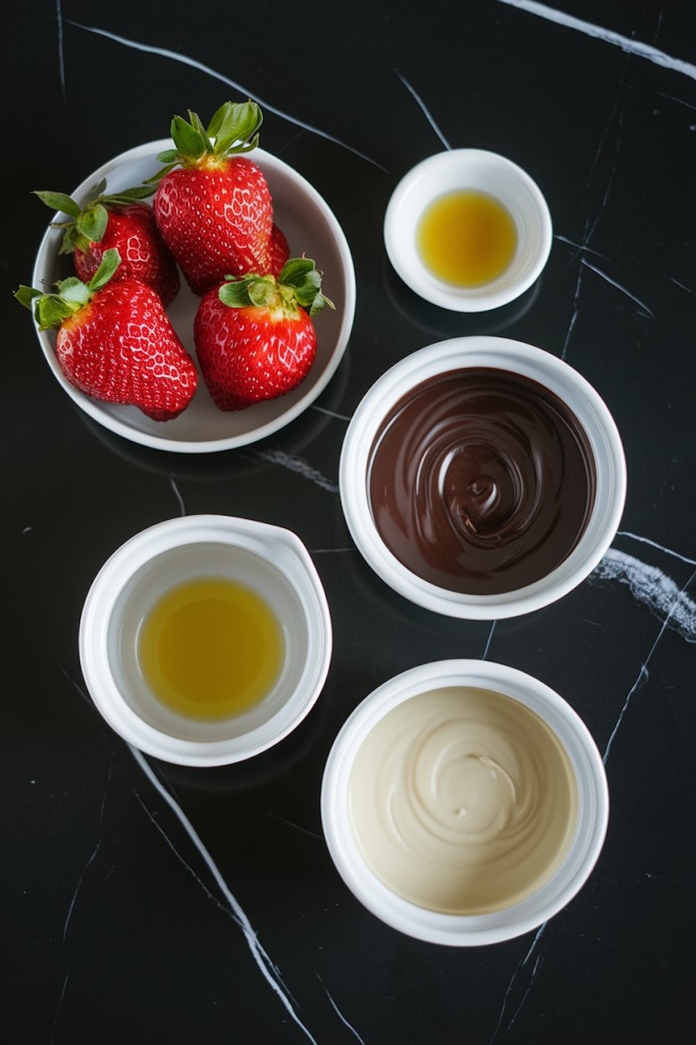 Ingredients for chocolate-covered strawberries displayed on a black marble surface. Bowls contain fresh strawberries, melted dark and white chocolate, and dipping tools like spoons.