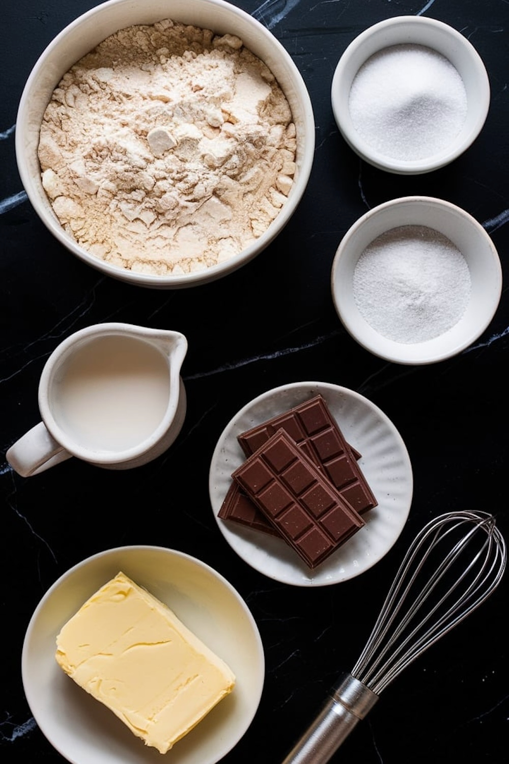 Overhead view of ingredients for chocolate croissants, including flour, sugar, butter, milk, and chocolate bars, neatly arranged in bowls on a black marble surface with a whisk.