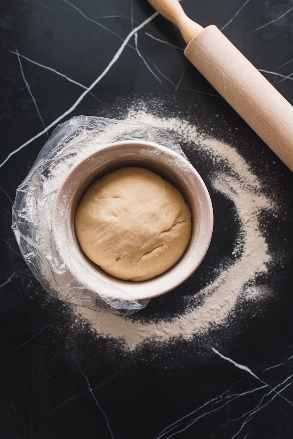 A bowl of dough resting on a floured black marble surface, covered with plastic wrap. A rolling pin and a dusting of flour surround the bowl.