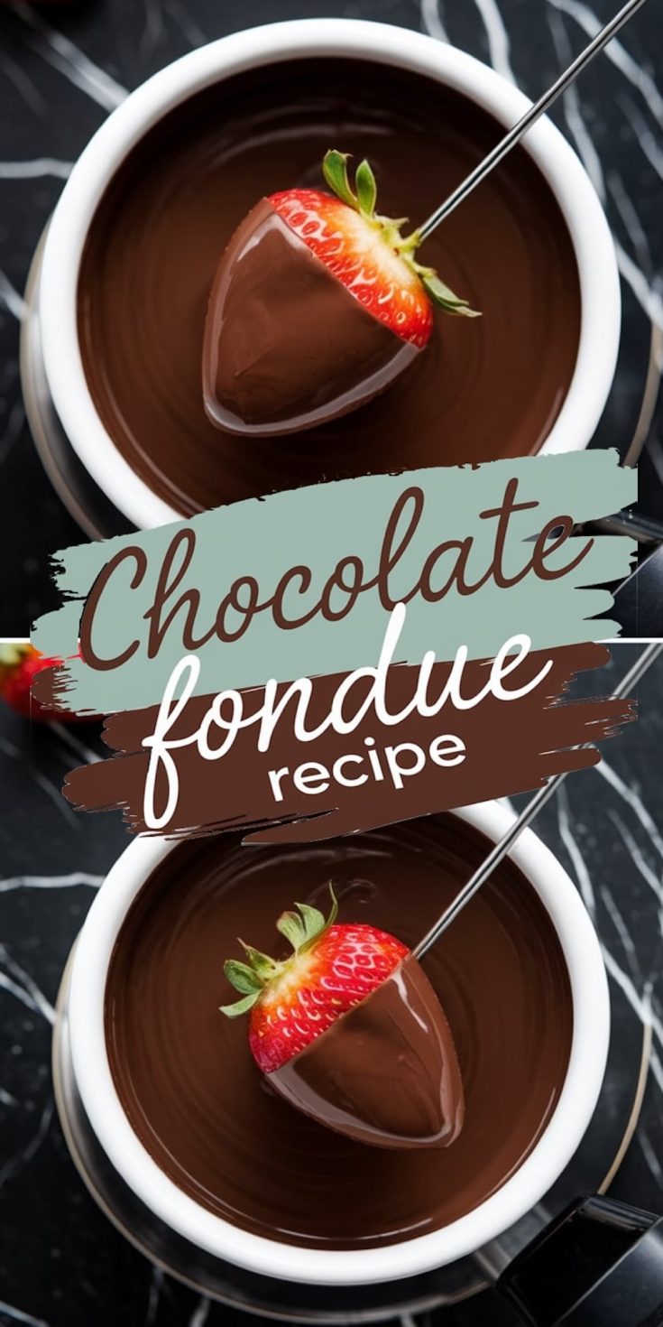Close-up of two separate shots of strawberries being dipped into bowls of melted chocolate fondue. The vibrant red of the strawberries contrasts with the glossy, rich chocolate coating. Text overlay in elegant script reads “Chocolate Fondue Recipe,” highlighting the decadent dessert.