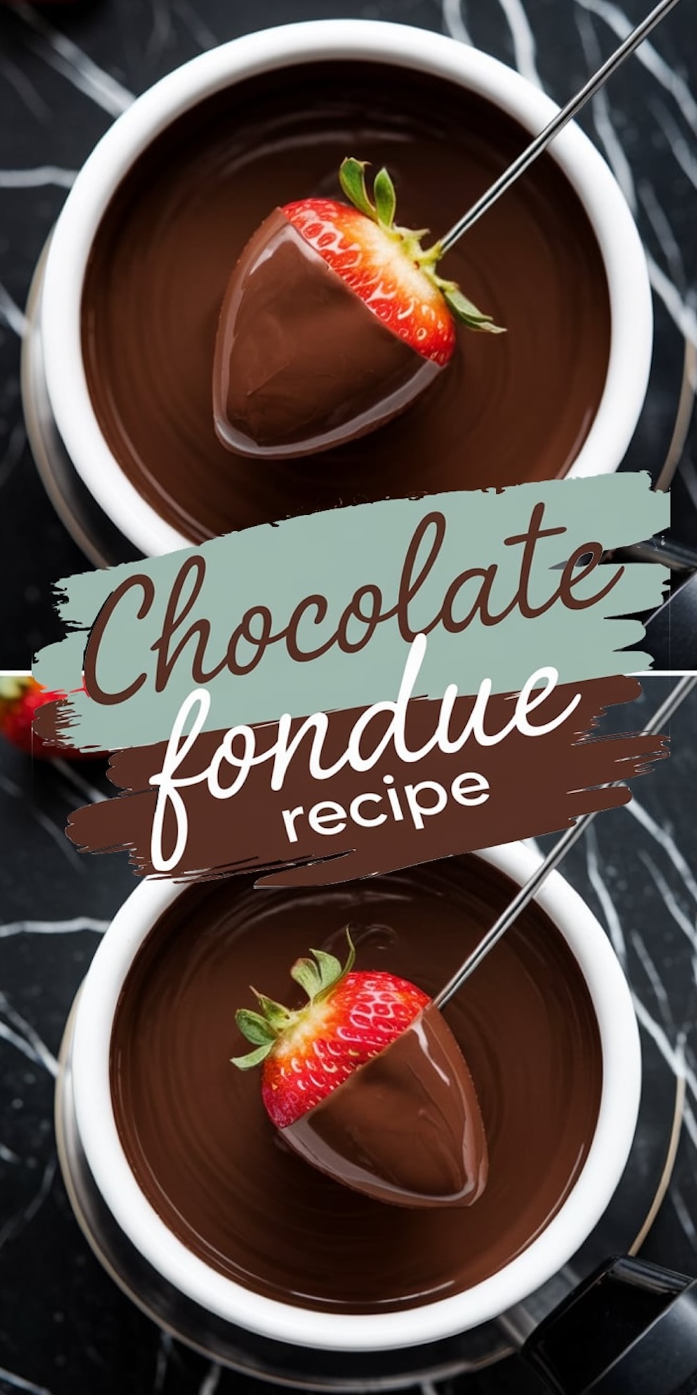 Close-up of two separate shots of strawberries being dipped into bowls of melted chocolate fondue. The vibrant red of the strawberries contrasts with the glossy, rich chocolate coating. Text overlay in elegant script reads “Chocolate Fondue Recipe,” highlighting the decadent dessert.