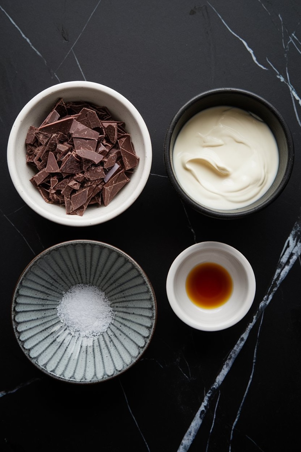 Top-down view of individual ingredients for making chocolate fondue, featuring chopped dark chocolate, smooth cream, aromatic vanilla extract, and a small bowl of coarse salt. Each ingredient is placed in ceramic bowls on a dark, polished marble surface for a clean and elegant presentation.