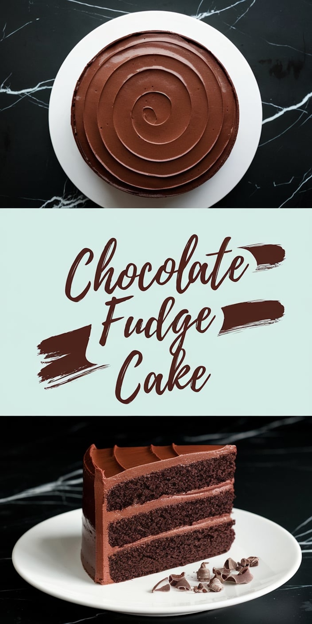 Overhead view of a chocolate fudge cake on a white plate, featuring smooth chocolate frosting with a spiral design. Text overlay reads “Chocolate Fudge Cake.”