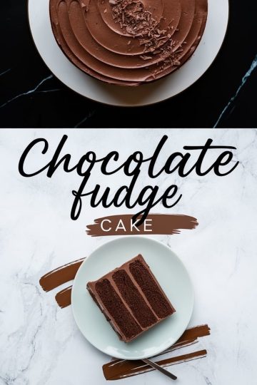 Close-up of a chocolate fudge cake with spiral frosting, garnished with chocolate shavings. Below, a slice of cake is plated on a white dish over a marble background, surrounded by chocolate brushstroke decorations. Text overlay reads “Chocolate Fudge Cake.”