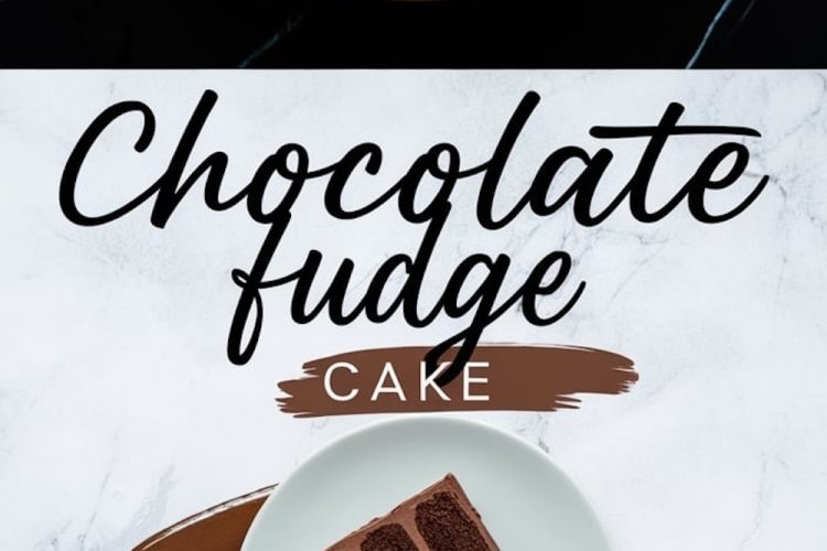 Close-up of a chocolate fudge cake with spiral frosting, garnished with chocolate shavings. Below, a slice of cake is plated on a white dish over a marble background, surrounded by chocolate brushstroke decorations. Text overlay reads “Chocolate Fudge Cake.”