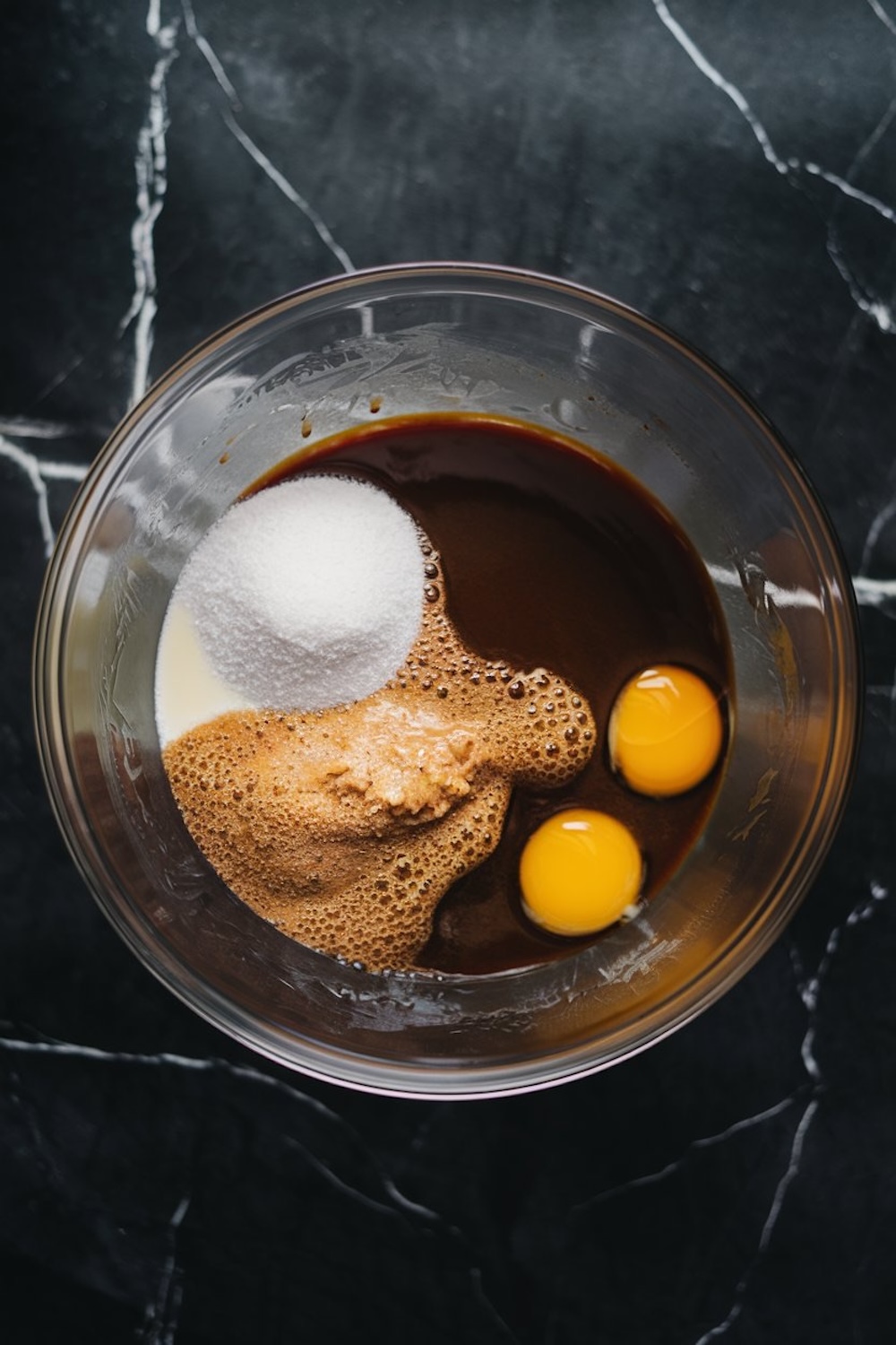 Close-up of a glass bowl filled with wet ingredients for cake batter, including eggs, sugar, and liquids, on a dark marble countertop.