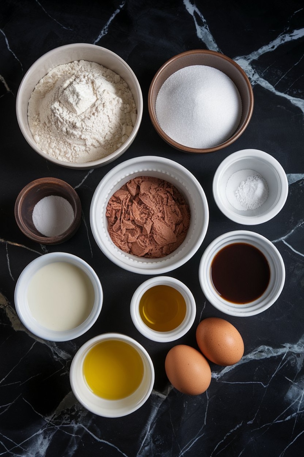 Flat-lay of individual ingredients for making chocolate cake, including bowls of flour, sugar, cocoa powder, salt, milk, vanilla extract, eggs, and oil, arranged neatly on a dark marble background.