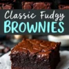 An image featuring classic fudgy brownies, focusing on their crackly top and dense, moist interior for visual appeal.