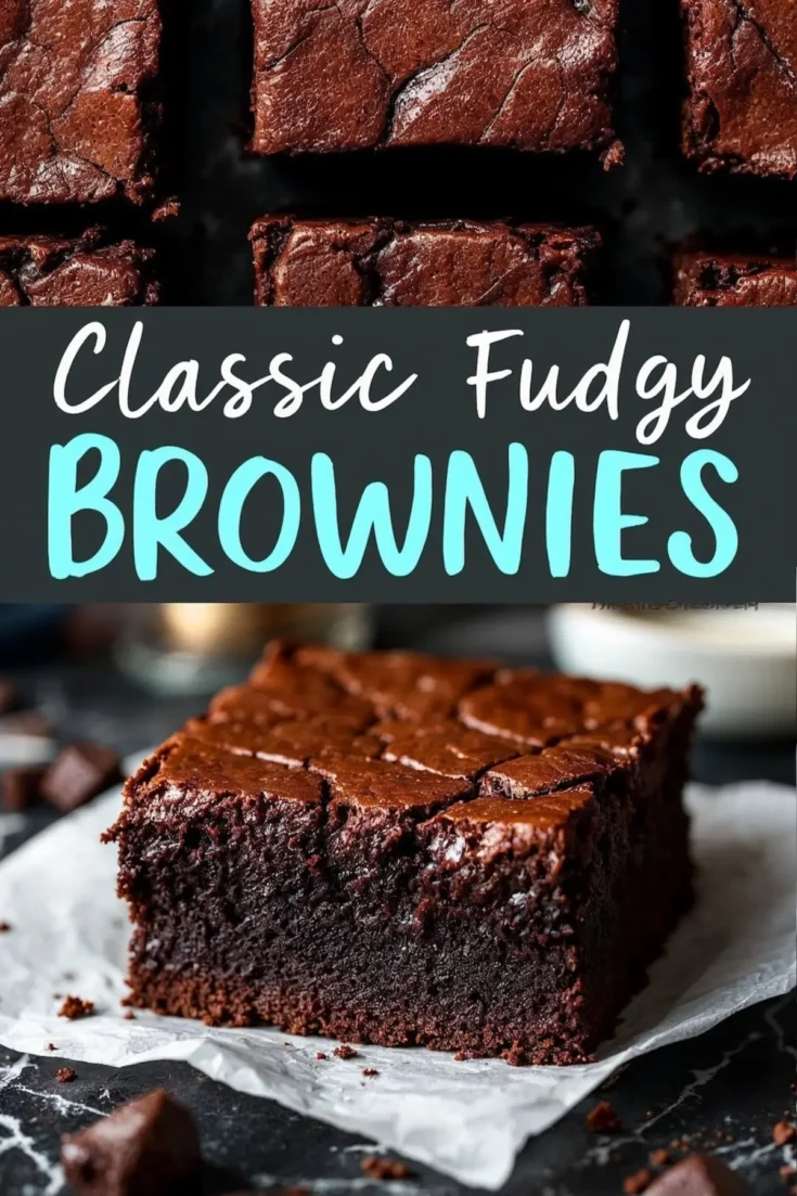 An image featuring classic fudgy brownies, focusing on their crackly top and dense, moist interior for visual appeal.