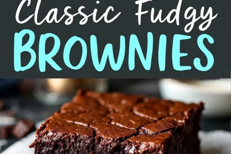An image featuring classic fudgy brownies, focusing on their crackly top and dense, moist interior for visual appeal.