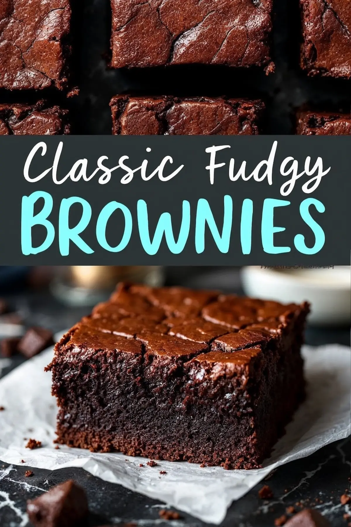 An image featuring classic fudgy brownies, focusing on their crackly top and dense, moist interior for visual appeal.