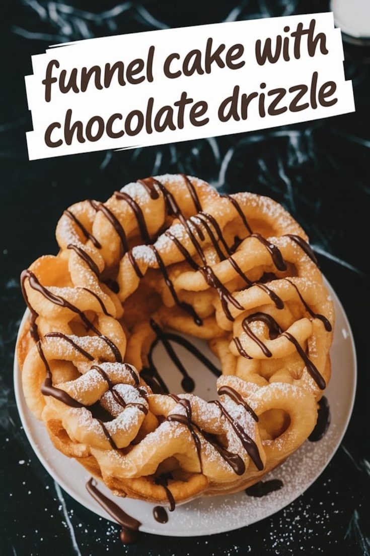 A close-up of a finished funnel cake on a white plate, drizzled with chocolate sauce and sprinkled with powdered sugar. The background features a dark, glossy surface with scattered powdered sugar for added contrast.
