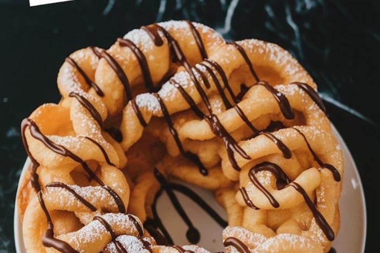 A close-up of a finished funnel cake on a white plate, drizzled with chocolate sauce and sprinkled with powdered sugar. The background features a dark, glossy surface with scattered powdered sugar for added contrast.