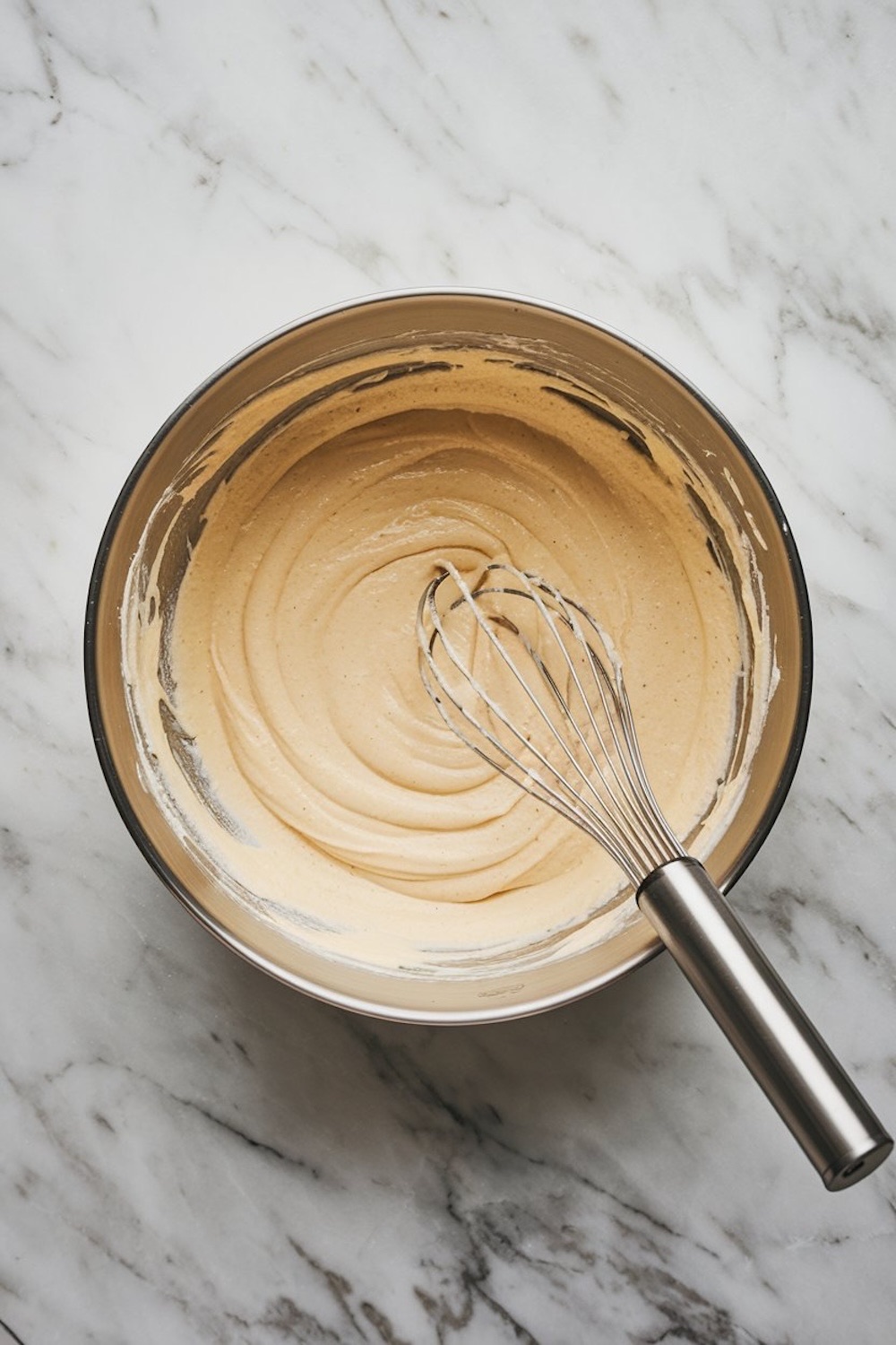 A stainless steel mixing bowl filled with smooth, creamy funnel cake batter on a white marble surface. A whisk rests in the batter, showing its light and airy texture.