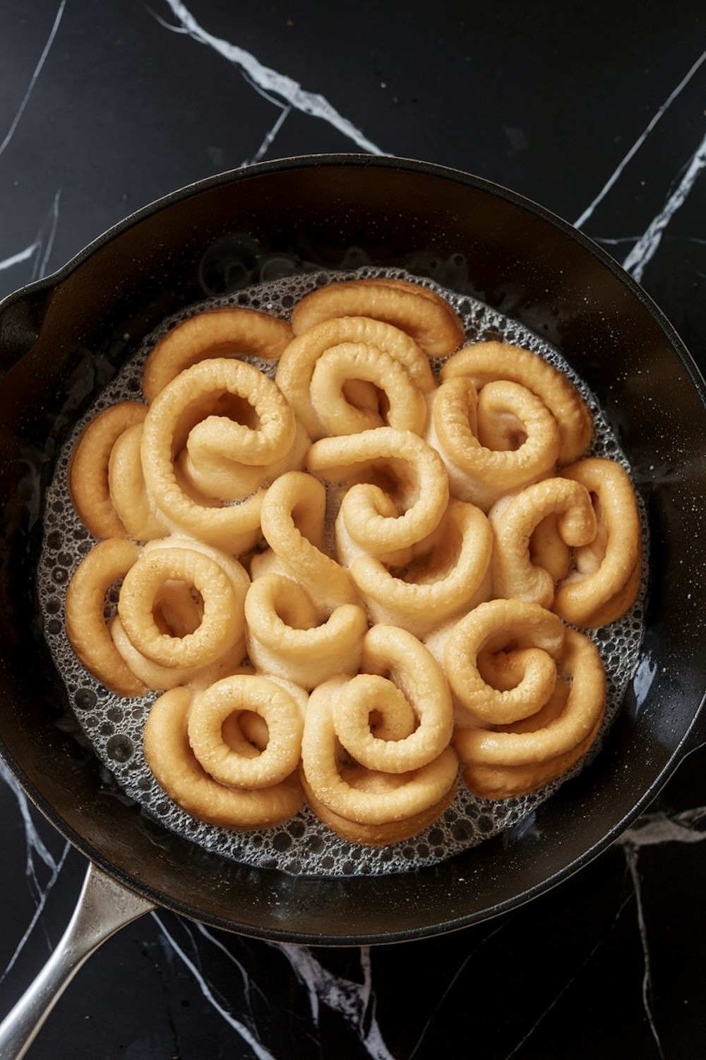 A black skillet containing golden-brown funnel cake spirals frying in hot oil. The individual loops and texture of the dough are visible as it cooks.
