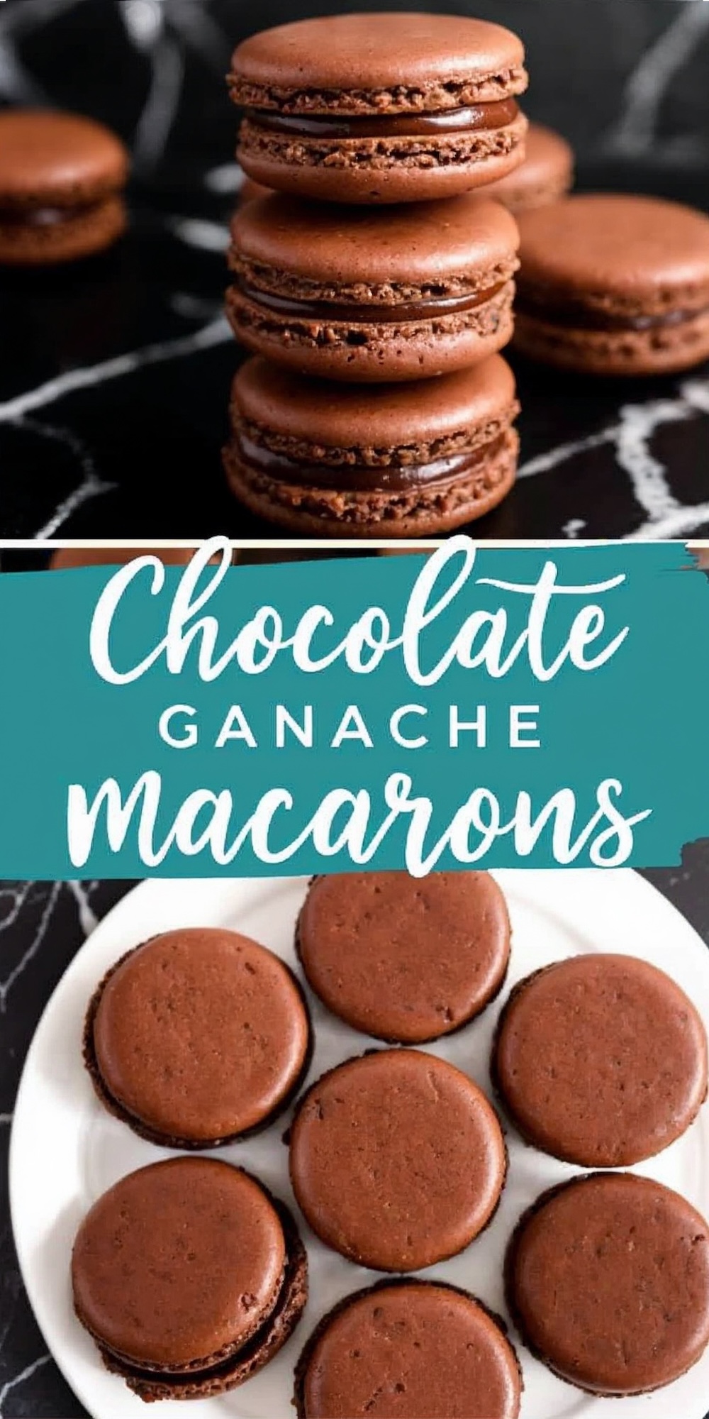 A circular arrangement of chocolate ganache macarons on a white plate, highlighting their uniform size and rich chocolate filling against the dark marble background.