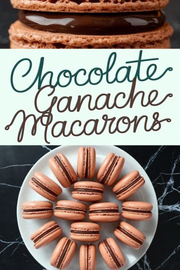 A styled composition of chocolate ganache macarons stacked in a tower and arranged in a circle, emphasizing their smooth shells and creamy chocolate filling, accompanied by text reading “Chocolate Ganache Macarons.”