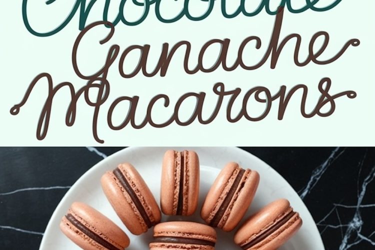 A styled composition of chocolate ganache macarons stacked in a tower and arranged in a circle, emphasizing their smooth shells and creamy chocolate filling, accompanied by text reading “Chocolate Ganache Macarons.”