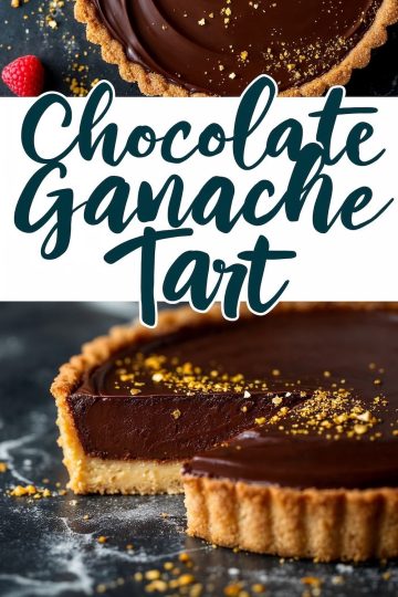 A chocolate ganache tart with a slice removed, revealing its velvety filling and crumbly crust. The tart is garnished with a light dusting of gold sprinkles, resting on a dark textured surface with a raspberry for accent.