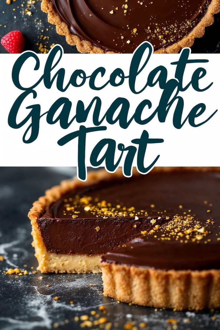 A chocolate ganache tart with a slice removed, revealing its velvety filling and crumbly crust. The tart is garnished with a light dusting of gold sprinkles, resting on a dark textured surface with a raspberry for accent.