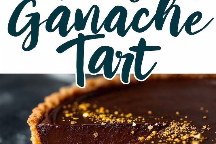 A chocolate ganache tart with a slice removed, revealing its velvety filling and crumbly crust. The tart is garnished with a light dusting of gold sprinkles, resting on a dark textured surface with a raspberry for accent.