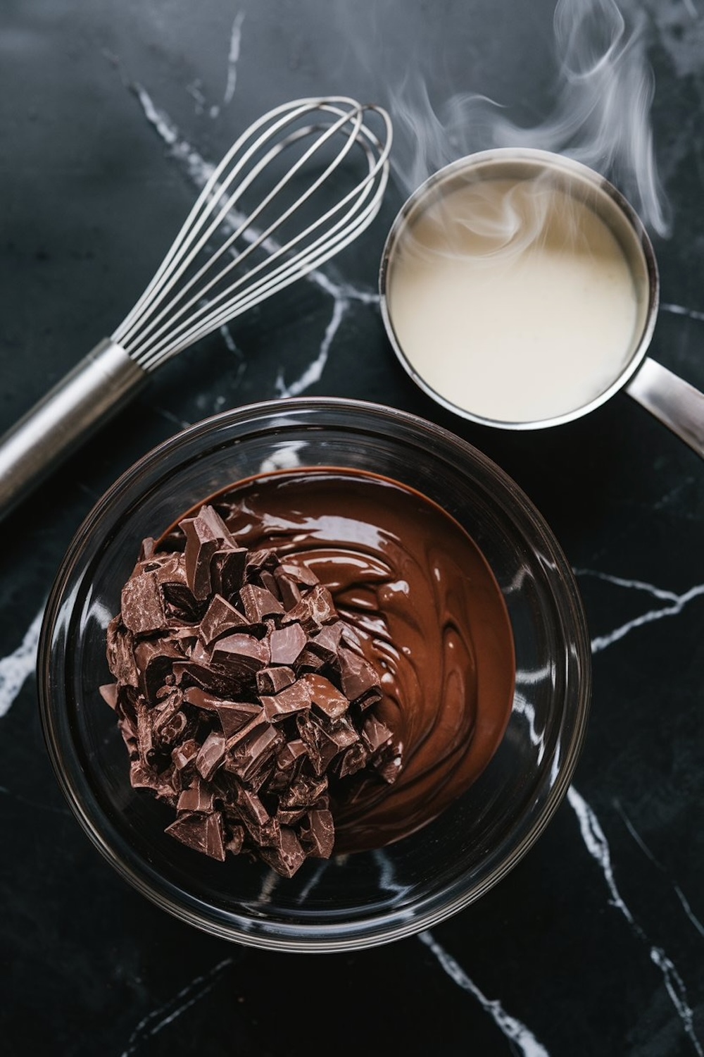 A preparation scene featuring a glass bowl of partially melted chocolate chunks, a whisk, and a steaming pot of cream on a black marble surface, showcasing the ganache-making process.