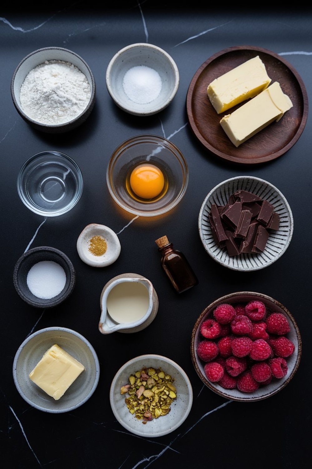 A flat lay of tart ingredients including flour, sugar, butter, an egg yolk, water, dark chocolate pieces, fresh raspberries, pistachios, cream, and vanilla extract arranged neatly in small bowls on a dark surface.