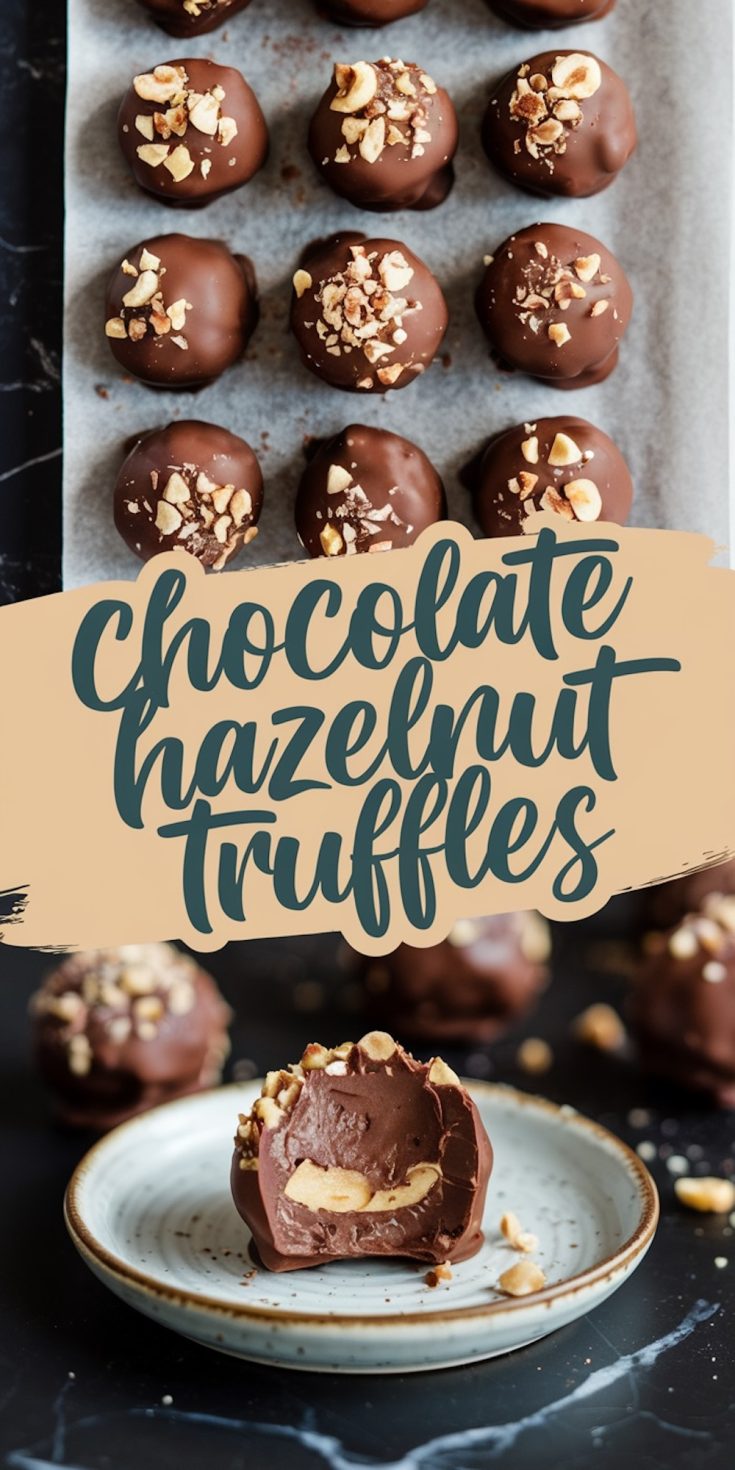 Overhead view of chocolate hazelnut truffles arranged on parchment paper, topped with chopped hazelnuts, with a close-up of a bitten truffle on a ceramic plate below. Text overlay reads “Chocolate Hazelnut Truffles.”