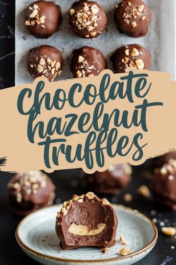 Close-up of chocolate hazelnut truffles topped with chopped nuts on parchment paper. A bitten truffle on a plate showcases a rich chocolate interior with hazelnut pieces. Text overlay reads “Chocolate Hazelnut Truffles.”