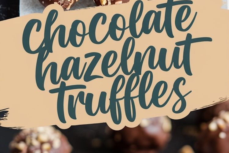 Close-up of chocolate hazelnut truffles topped with chopped nuts on parchment paper. A bitten truffle on a plate showcases a rich chocolate interior with hazelnut pieces. Text overlay reads “Chocolate Hazelnut Truffles.”